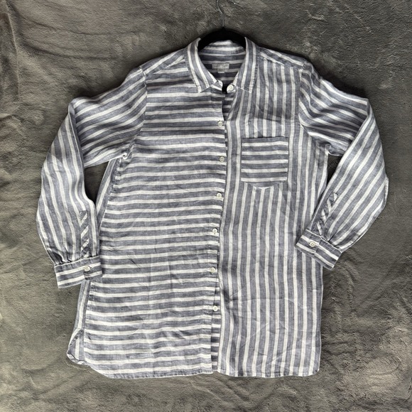 J Jill Love Linen Blouse Size Medium Button Up Blue White Stripe Pockets - Picture 9 of 9